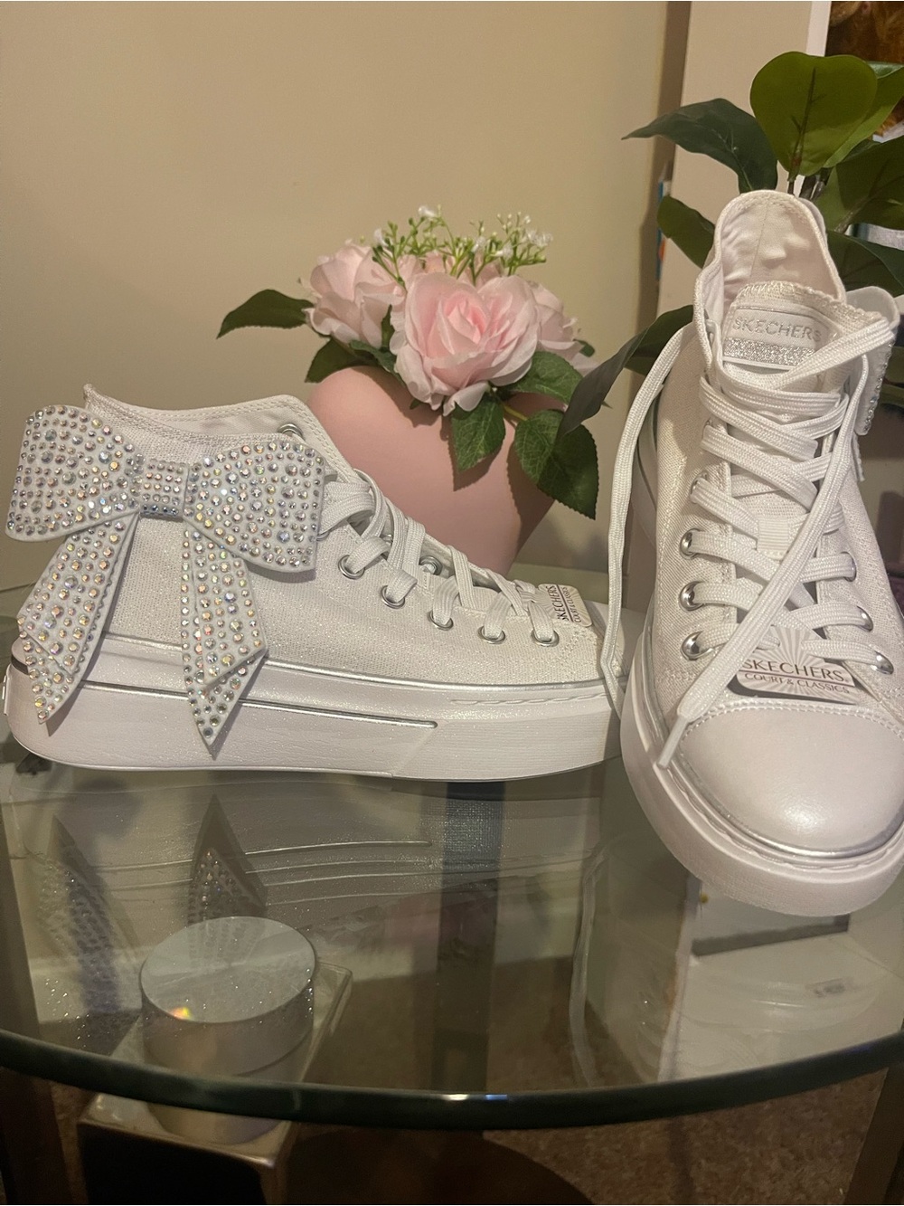 Skechers White Platform Rhinestone Bow High-Top Sneakers - Women